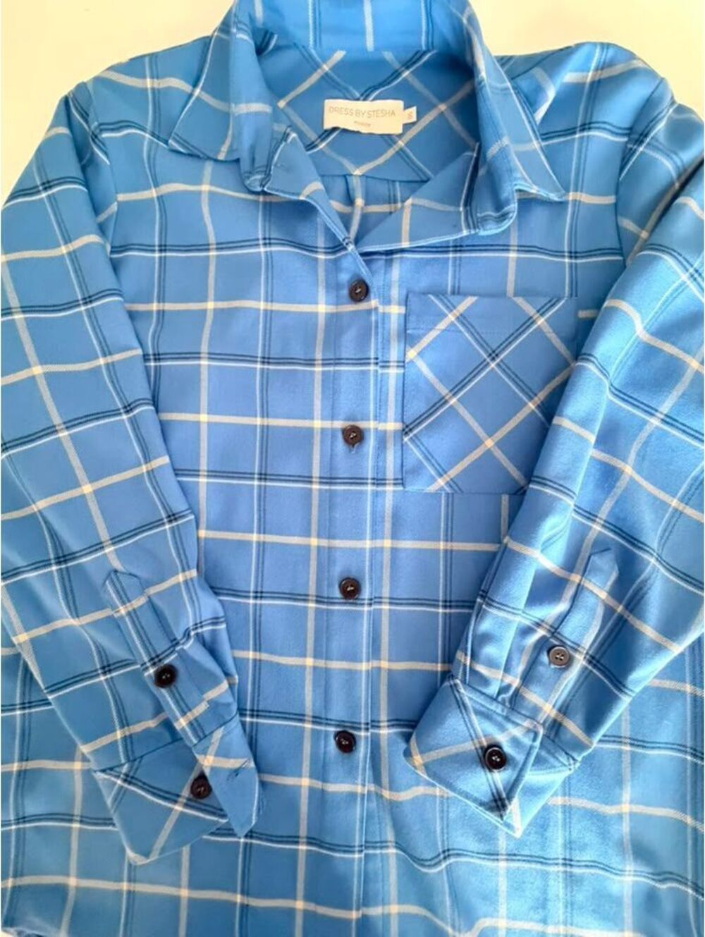 Dress by Stesha Moscow Designer Blue Plaid Oversized Button Down Shirt Size S-M - Picture 12 of 15